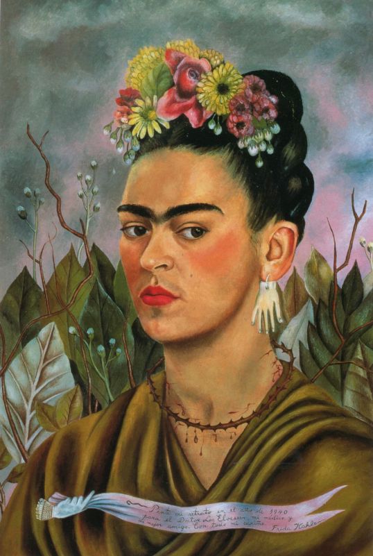 "Pinté mi retrato en el año de 1940 para el Doctor Leo Eloesser, mi médico y mi mejor amigo. Con todo mi cariño. Frida Kahlo".